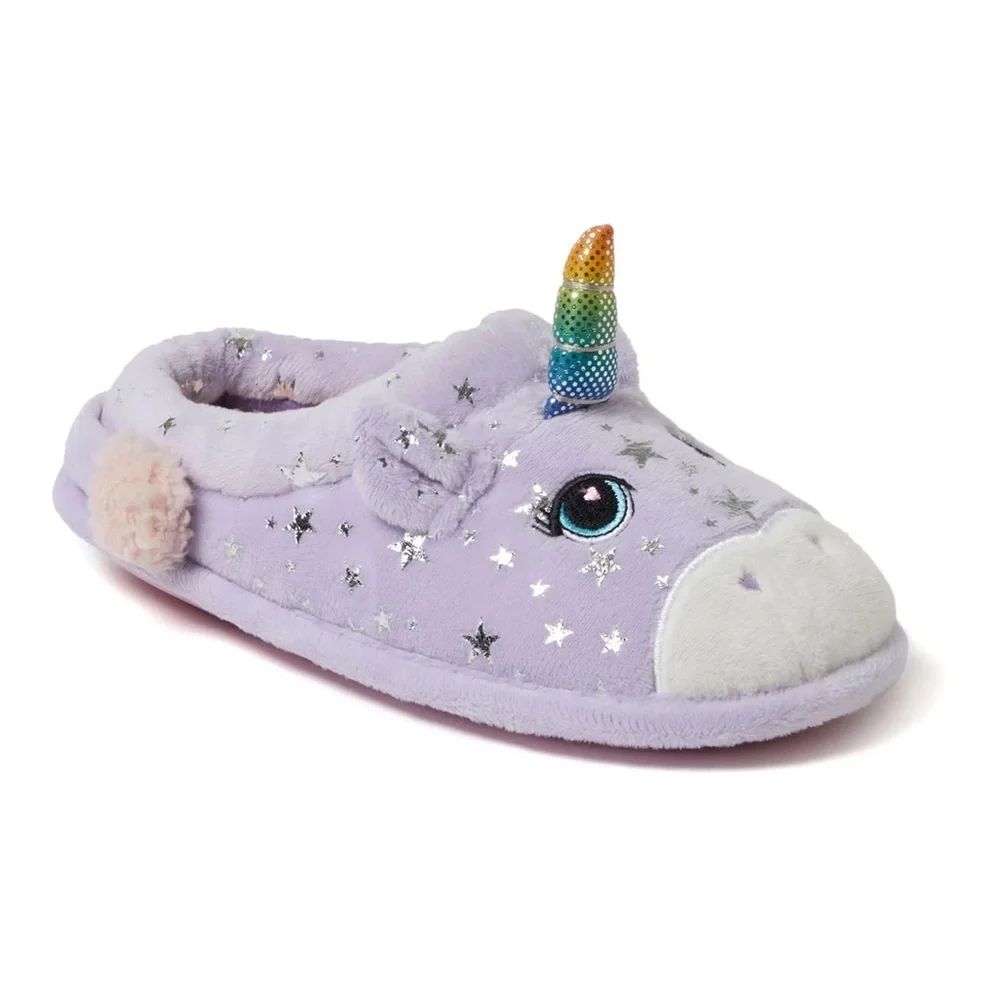 Dearfoams Purple Unicorn Slippers with Rainbow Horn size 4-5